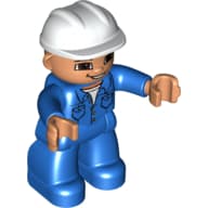 Duplo Figure with Construction Helmet White, and Blue Long Sleeve Jacket, and Legs, Brown Eyes and Open Mouth Smile