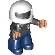 Duplo Figure with Helmet White, with Dark Blue Legs, Black Top with Police Badge, Black Arms, Nougat Hands