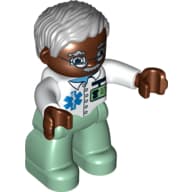 Duplo Figure with Parted Wavy Hair Gray, with Glasses on Dark Brown Face (Doctor)