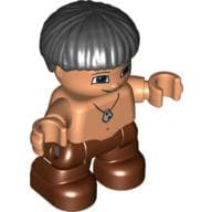 Duplo Figure Child with Straight Hair Black, Reddish Brown Legs, Stone Necklace Print (Caveman)