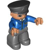Duplo Figure with Police Style Hat Black, with Dark Bluish Gray Legs, Blue Jacket with Mail Horn, with Smile with No Teeth