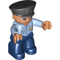 Duplo Figure with Police Style Hat Black, with Dark Blue Legs, Light Blue Top with Badge, Nougat Hands, with Blue Eyes