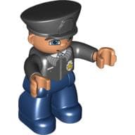 Duplo Figure with Police Style Hat Black, with Dark Blue Legs, Black Top with Badge, Black Arms, Blue Eyes