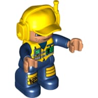 Duplo Figure with Headset and Cap Yellow, with Dark Blue Arms, and Legs, Yellow Knee Pads Print, and Yellow Vest with ID Badge and Radio Print