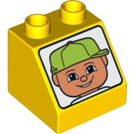 Duplo Brick 2 x 2 Slope 45° with Male Light Nougat Face with Lime Baseball Cap Print