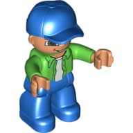 Duplo Figure with Cap Blue, with Bright Green Long Sleeve Shirt over White Shirt - Blue Legs