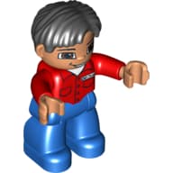 Duplo Figure Side Parted Hair Black, with Blue Legs, Red Shirt with Pockets and Name Tag, Brown Eyes, Nougat Hands