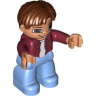 Duplo Figure Side Parted Hair Reddish Brown, with Medium Blue Legs, Dark Red Open Shirt, Brown Eyes Nougat Face and Hands
