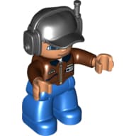 Duplo Figure with Headset and Cap Black, with Reddish Brown Top with ID Badge Print, Nougat Face and Hands, and Blue Legs