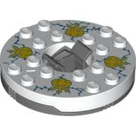 Turntable 6 x 6 Round Dark Bluish Gray Base with White Top with Yellow Faces on Blue Print (Ninjago Spinner)