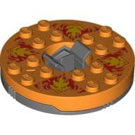 Turntable 6 x 6 Round Dark Bluish Gray Base with Orange Top and Yellow Faces on Red Print (Ninjago Spinner)