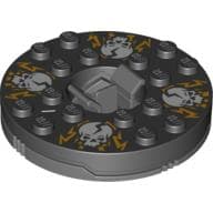 Turntable 6 x 6 Round Dark Bluish Gray Base with Black Top with White Skulls on Orange Print (Ninjago Spinner)