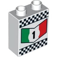 Duplo Brick 1 x 2 x 2 with '1' in Green, White and Red Chevron and Checkered Border Print