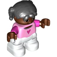 Duplo Figure Child with Pigtails Black, with Bright Pink Top with Dark Pink Heart and Sleeves - Dark Brown Face and Hands - White Legs