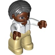 Duplo Figure Bob / Pageboy Hair Black, with Dark Brown Face - White Top with Buttons and Necklace - Tan Legs