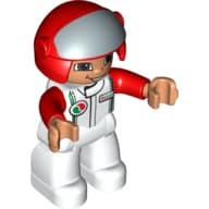 Duplo Figure with Helmet with Open Visor, Red Helmet, White Legs & Race Top with Octan Logo, and Red Arms