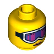 Minifig Head, White Ski Goggles with Pink and Purple Glass, Strap and Red Lips