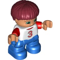 Duplo Figure Child with Straight Hair Dark Red, Blue Legs, White Top with Red '3' Print