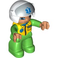 Duplo Figure with Helmet with Open Visor, White Helmet with EMT Star of Life Logo, Bright Green Legs & Jumpsuit with Yellow Vest