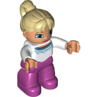Duplo Figure with Ponytail Tan, with Magenta Legs, White Top with Blue Trim Design, Blue Crescent Eyes