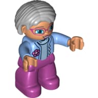 Duplo Figure Bob / Pageboy Hair Gray, with Magenta Legs, Medium Blue Top with Flower, Blue Eyes, Glasses