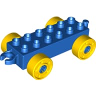 Duplo Car Base 2 x 6 with Fake Bolts, Open Hitch End and Yellow Wheels