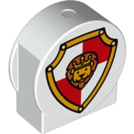Duplo Brick 1 x 3 x 2 Round Top, Cut Away Sides with Shield with Lion Red/White Print