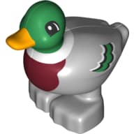 Duplo Animal Duck with Bright Light Orange Bill, Green Head and Feathers, Dark Red Chest