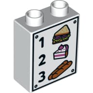 Duplo Brick 1 x 2 x 2 with Bottom Tube and Cake, Sandwich, Baguettes, '1', '2', and '3' Print