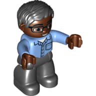 Duplo Figure with Parted Wavy Hair Black, with Glasses on Dark Brown Face