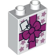 Duplo Brick 1 x 2 x 2 with Bottom Tube and Bow and Gift Tag Print