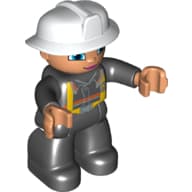 Duplo Figure with Fireman Helmet White, Black Legs, Nougat Face and Hands, Pink Lips and Blue Eyes Print
