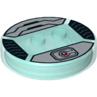 Function Brick Round 4 x 4 x 2/3 with 2 Studs and Silver Cyborg Symbol Print