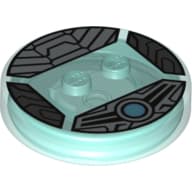 Function Brick Round 4 x 4 x 2/3 with 2 Studs and Silver Armor with Scales and Blue Circle print