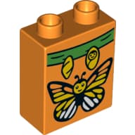 Duplo Brick 1 x 2 x 2 with Bottom Tube - Butterfly and Green Leaf with 2 Yellow Cocoons Print 24967