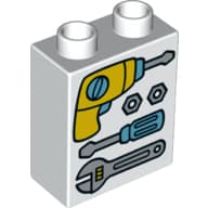 Duplo Brick 1 x 2 x 2 with Bottom Tube and Drill, Screwdriver, and Wrench Print