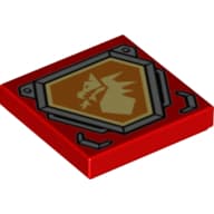 Tile 2 x 2 with Bright Light Yellow Dragon Head on Orange Hexagonal Shield with Silver Border Print
