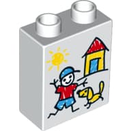 Duplo Brick 1 x 2 x 2 with Bottom Tube - Sun, House, Boy and Dog Print