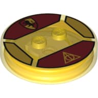 Function Brick Round 4 x 4 x 2/3 with 2 Studs and Gryffindor Logo and Deathly Hallows Symbol Print