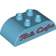 Duplo Brick 2 x 4 Curved Top, with Dark Pink 'Flo's Cafe' Print