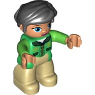 Duplo Figure with Thick Short Hair Combed over Forehead and Bun Black, with Green Jacket with Zipper - Nougat Face and Hands, Oval Eyes - Tan Legs