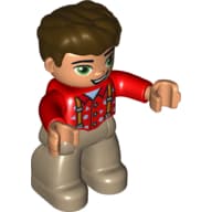 Duplo Figure with Thick Hair Combed Forward, with Suspenders and Buttons Print, Dark Tan Legs