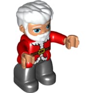 Duplo Figure with Thick Hair Combed Forward and Beard White, Red Jacket with White Trim and Belt with Buckle Print, Black Legs (Santa)