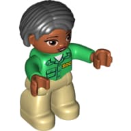 Duplo Figure Bob / Pageboy Hair Black, with Tan Legs, Green Top with 'ZOO' on Front, Brown Head, Brown Eyes