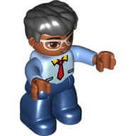 Duplo Figure with Thick Hair Combed Forward, with Red Tie Print, White Eyeglasses, Medium Nougat Face and Hands, and Dark Blue Legs