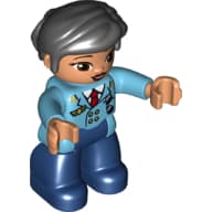 Duplo Figure with Thick Short Hair Combed over Forehead and Bun Black, Pilot, Dark Blue Legs, Medium Azure Top with Red Tie