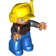 Duplo Figure with Headset and Cap Yellow, with Blue Legs, Brown Vest with Zippers over Black Shirt, Blue Oval Eyes