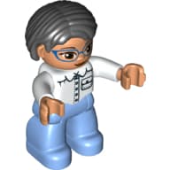 Duplo Figure Bob / Pageboy Hair Black, with Medium Blue Legs, White Top with Pocket, White Arms, Blue Glasses