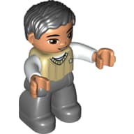 Duplo Figure with Parted Wavy Hair Black, with Dark Bluish Gray Legs, Tan Sweater Vest, White Arms, Brown Eyes