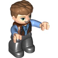 Duplo Figure with Thick Hair Combed Forward, with Black Legs, Medium Blue Shirt under Vest (Owen Grady)